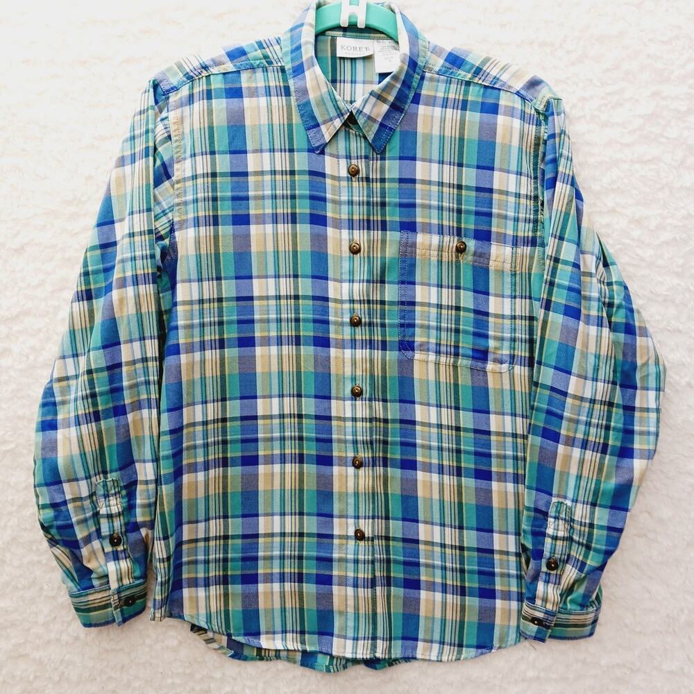 Blouse Button Up Plaid Blue Green Classic Preppy Cottagecore Heritage Size S